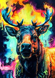 Aquarelle néon représentant un élan – Décoration murale puissante sur le thème de la faune sauvage