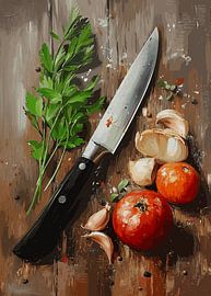 Atmospheric kitchen scene with ingredients and knife