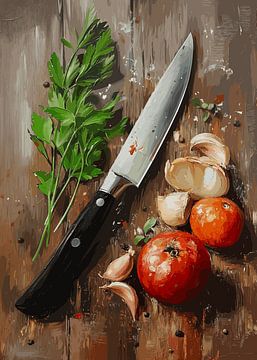 Atmospheric kitchen scene with ingredients and knife by Pixelbull Design