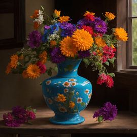 Bloemen in een vaas op tafel in oranje en paars von Brian Morgan