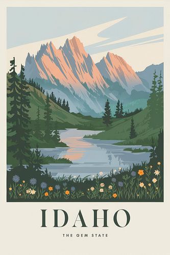 Vintage reisposter van Idaho: majestueuze bergen en sereen landschap