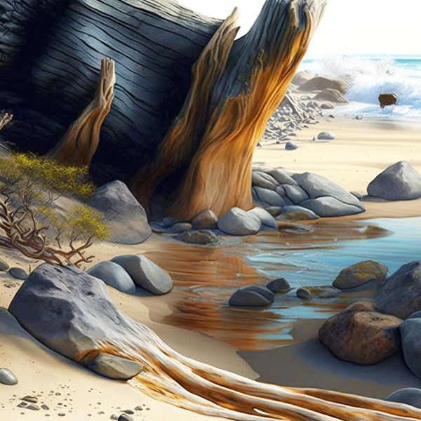 Strand Treibholz Kieselsteine Sand Wellen Gischt Meer Küste von gm_designs