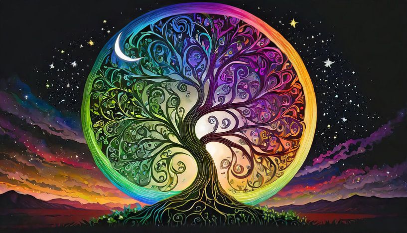 Baum des Lebens und Mond, Illustration Hintergrund von Animaflora PicsStock