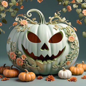 Halloween pompoen met elegante bloemen en natuurlijke vormen