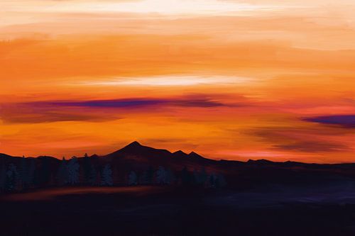 Landschaft mit Hügeln und Bäumen bei Sonnenuntergang mit einem orangefarbenen Himmel