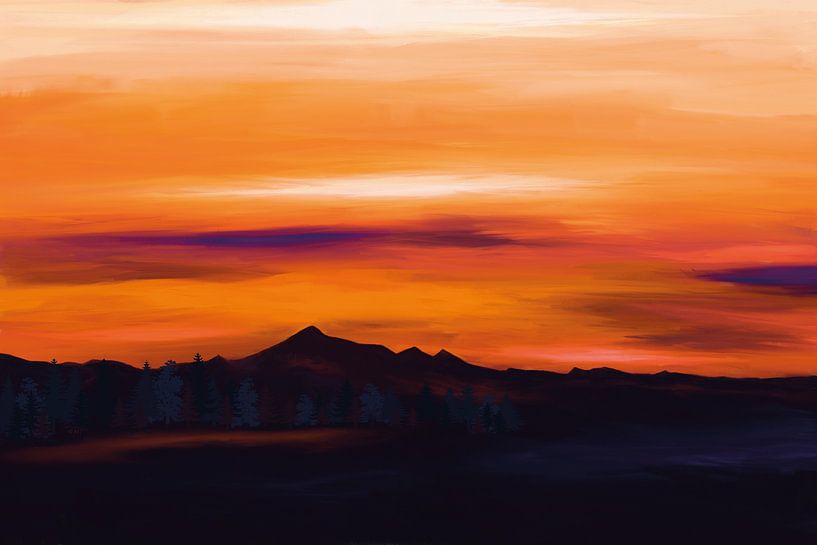 Landscape with hills and trees at sunset with an orange sky by Tanja Udelhofen