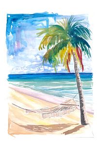 Hangmat palmen bij turquoise zee met eenzaam caribisch strand van Markus Bleichner