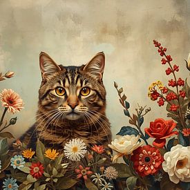 Portrait of a cat vintage sea of flowers by Creations_by_brigitte