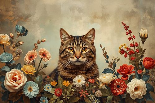 Portret van een kat vintage bloemenzee