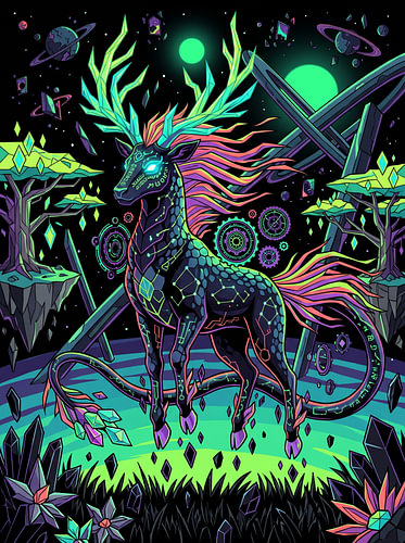 Grafische illustratie van het ‘Cosmic Kirin Stag Celestial Clockwork Forest’