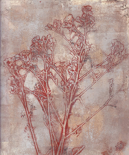 Abstract monoprint of wild flowers in shades of beige and red