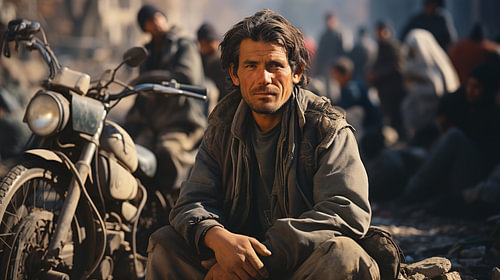 Scène de rue afghane typique des années 1990, avec des hommes et une moto