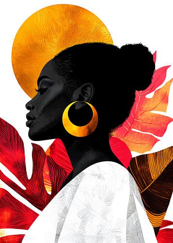 Art abstrait tropical représentant une femme noire et des feuilles colorées