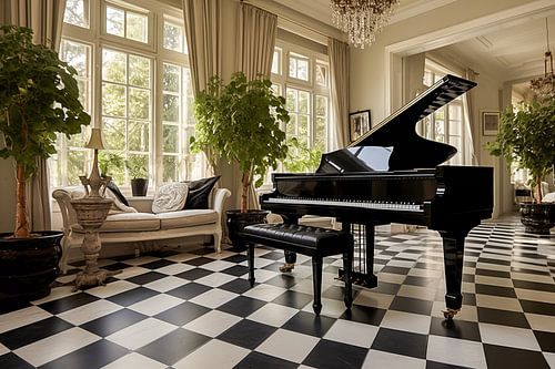 Landhaus mit schwarzem Klavier im Zimmer mit Schachbrettboden