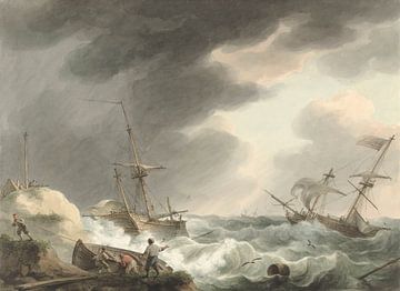 Schipbreuk van twee schepen, waarvan één onder Amerikaanse vlag, op een duinenkust, Martinus Schouma