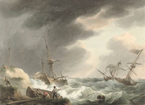 Shipwreck of two ships, one under the American flag, on a dune coast, Martinus Schouman