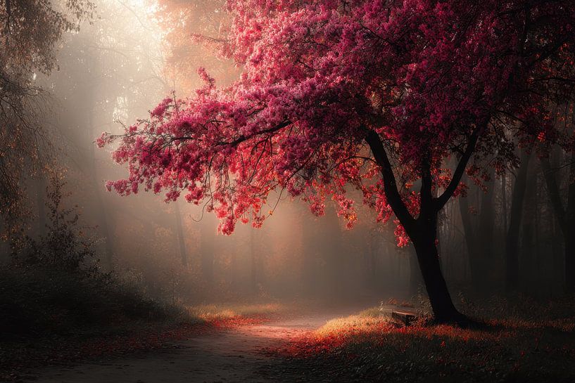 Herbstwald mit rotem Baum - Warmes, geheimnisvolles Kunstwerk von BowiScapes Abstrakt und digitale Kunst