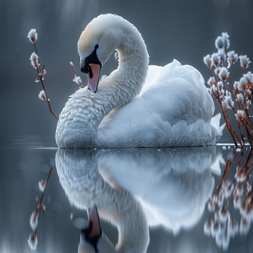 Ein eleganter weißer Schwan, der anmutig auf dem Wasser schwimmt
