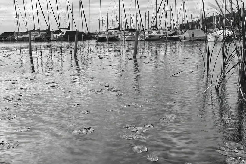 Jetée avec bateaux à voile dans un lac calme par Frank Heinz