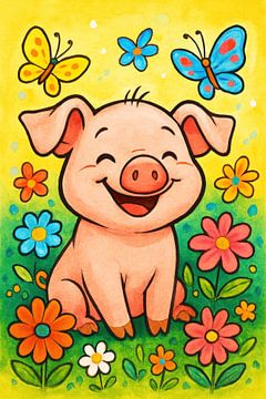 Cartoon Pig with Flowers and Butterflies