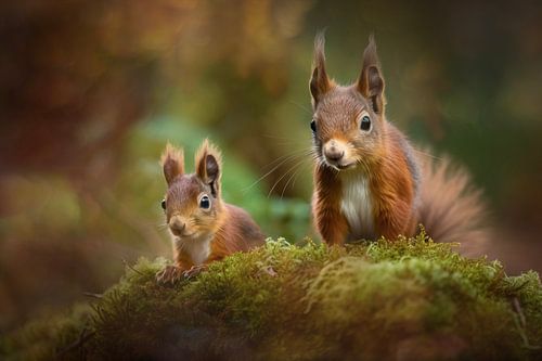 Rode eekhoorns in het bos - Poëtisch schilderij
