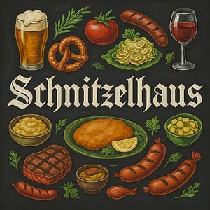 Illustration de l'escalope sur tableau noir avec bière, saucisse et salade