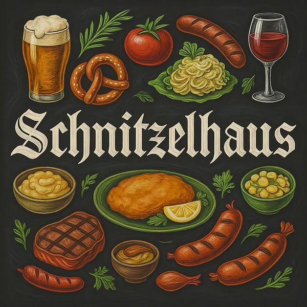 Schnitzelhuis illustratie op schoolbord met bier, worst en salade van Basahen