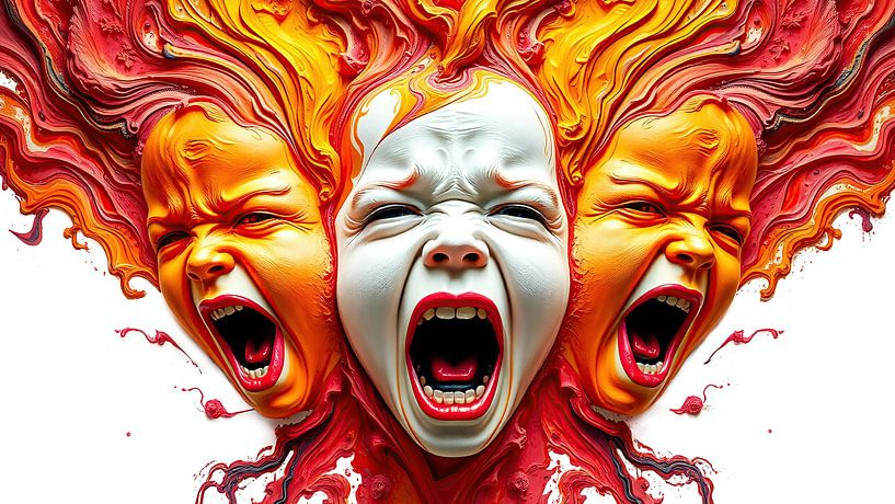Outcry - Three screams of colour and pain - Fused children's faces between innocence and chaos in a stream of red and orange by AidasignArt
