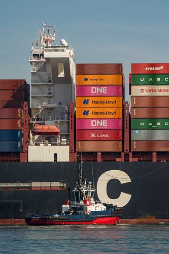 Sleepboot in actie naast een containerschip