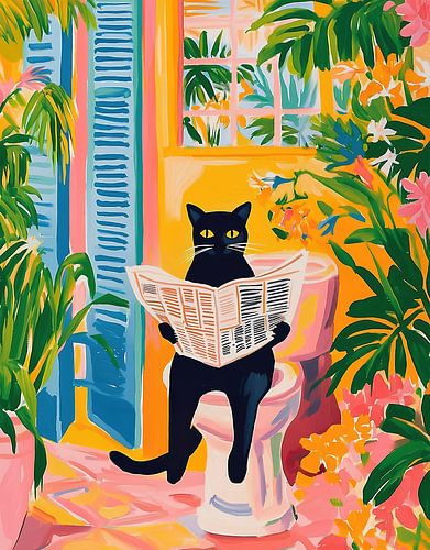 Black cat read on toilet