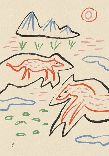Whimsical Foxes Mountain Landscape