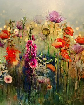 Zomers schilderij van een veld met klaprozen en stokrozen. van Studio Pieternel