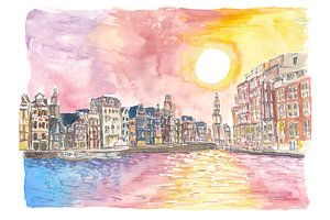 Amsterdam Uitzicht op de Amstel en de Munttoren bij zonsondergang van Markus Bleichner