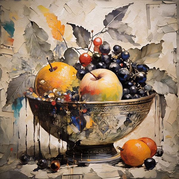 Fruit bowl still life with apple orange and grapes by Emiel de Lange