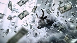 White bull in a rain of money by Frank Heinz