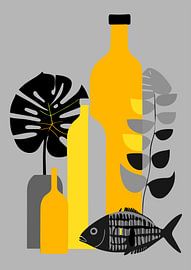 Stillleben mit Fisch und Monstera (01) von Sabine Minten