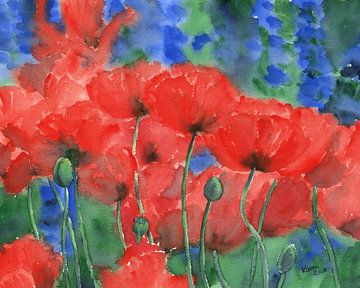 Red poppies with blue delphinium flowers watercolour painting by Karen Kaspar