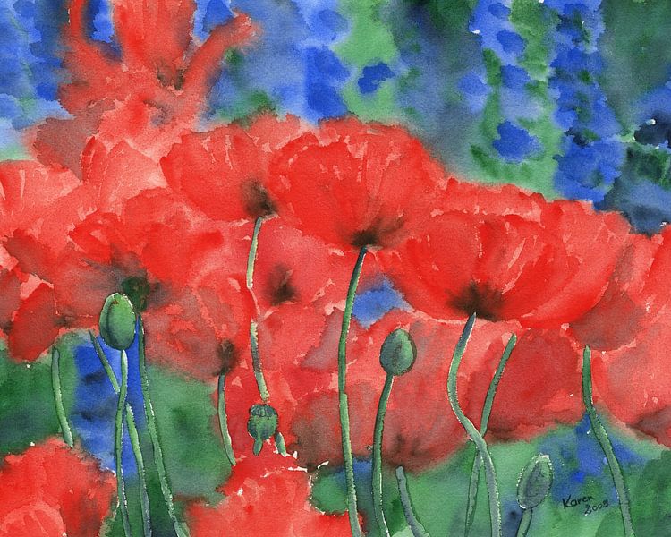 Roter Mohn und blauer Rittersporn Aquarellgemälde von Karen Kaspar