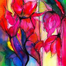 Abstract pink red tulips. Mixed media , watercolour . by Ineke de Rijk