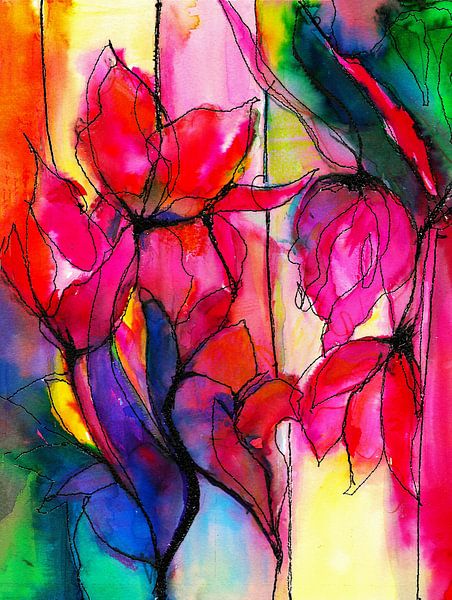Abstract pink red tulips. Mixed media , watercolour . by Ineke de Rijk