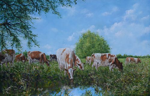 Sfeervol schilderij van roodbont vee in een landelijk landschap – warm, karaktervol en vol rust.