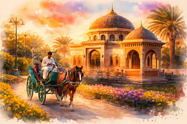 A coachman drives past a temple in Oman