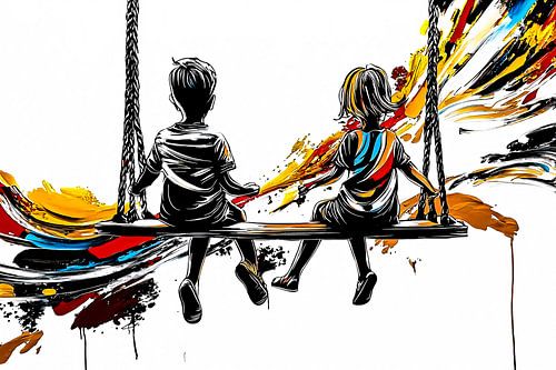 Kinderen op een kleurrijke schommel