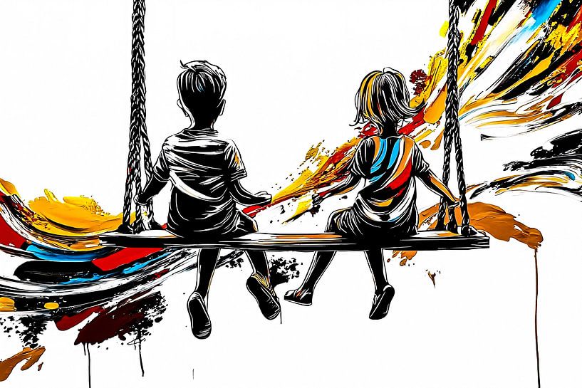 Enfants sur une balançoire colorée par Imperial Art House