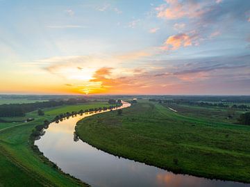 Vecht river sunrise seen from above during autumn in Overijssel,
