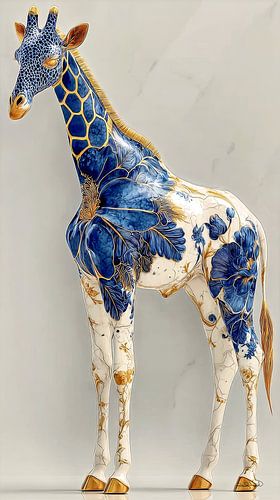 giraffe in delfts blauw en goud op een wit marmeren achtergrond