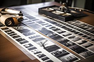 Fotografie Negativstreifen in Schwarzweiß, der Film auf dem Tisch