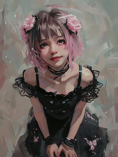 Anime Girl In Black Dress - Smiling