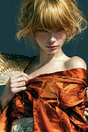 Modernes, minimalistisches Porträt einer blonden Bohemienne in Orange