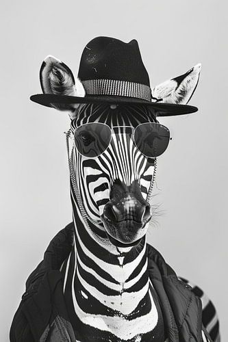 Zebra met hoed en zonnebril in zwart en wit
